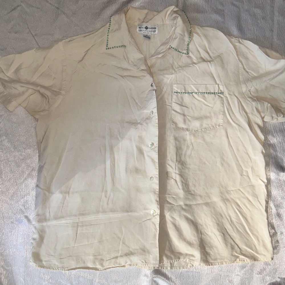 ‼️Final sale Oversize off white shirt unisex with rhistones turquoise 100silk XL